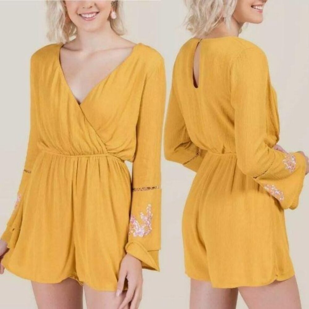 Miami Yellow Long Sleeve Wrap Romper Embroidered Bell Sleeves & Keyhole Back XXS